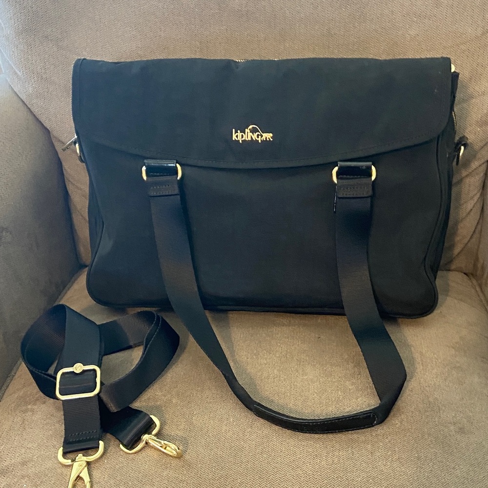 Kipling Black Nylon Laptop Briefcase Messenger Bag Gold Hardware
